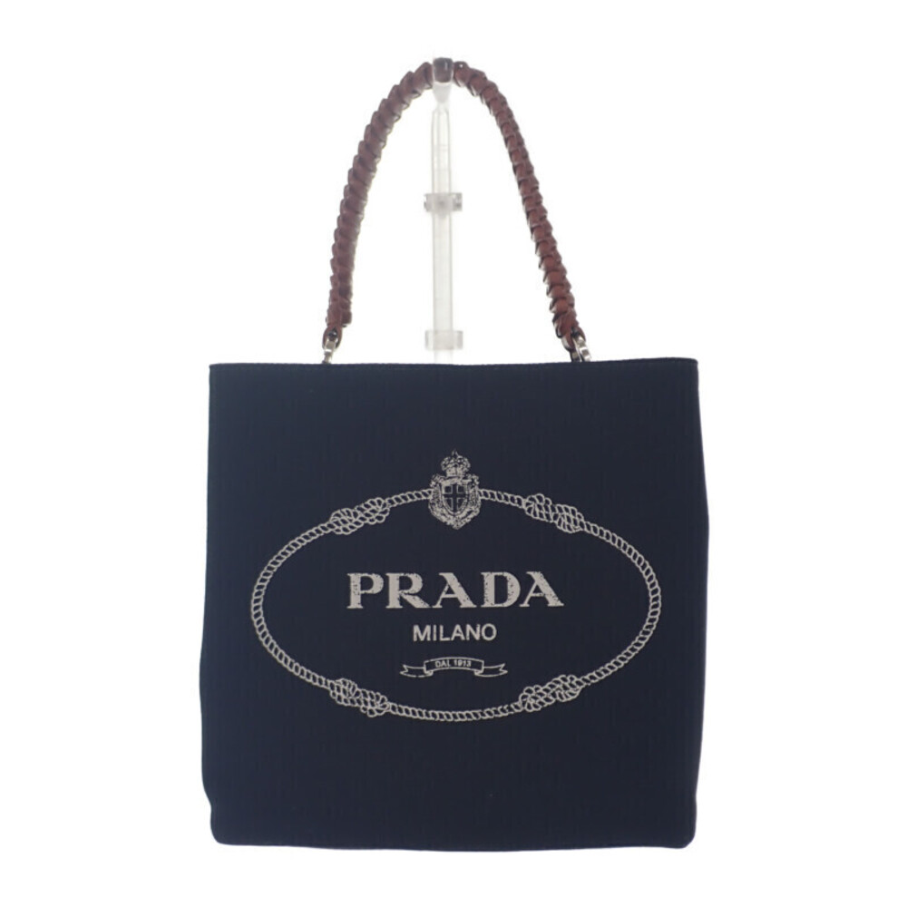 Prada Panier Handbag Canvas Leather Black Brown